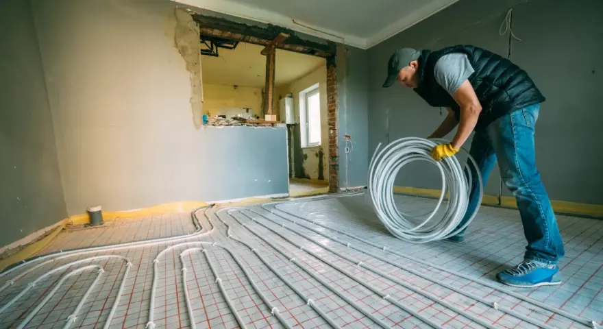 Instalator układa rury do ogrzewania podłogowego w bloku. To może być nielegalne ogrzewanie podłogowe w bloku, jeśli nie ma zgody.