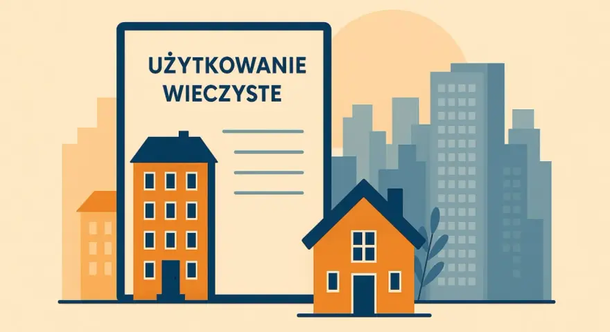 Dokument "Użytkowanie wieczyste" obok domów i wieżowców.