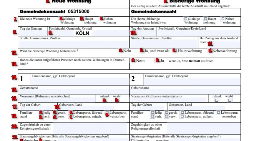 Formular zur Anmeldung einer Wohnung. Wichtige Felder: neue Wohnung, bisherige Wohnung, Familienname, Geburtsname, Vornamen. Kogo można zameldować w mieszkaniu komunalnym?
