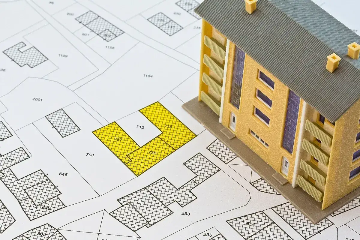 Model budynku na mapie działek. Zastanawiasz się, po jakim czasie dzierżawa przechodzi na własność?