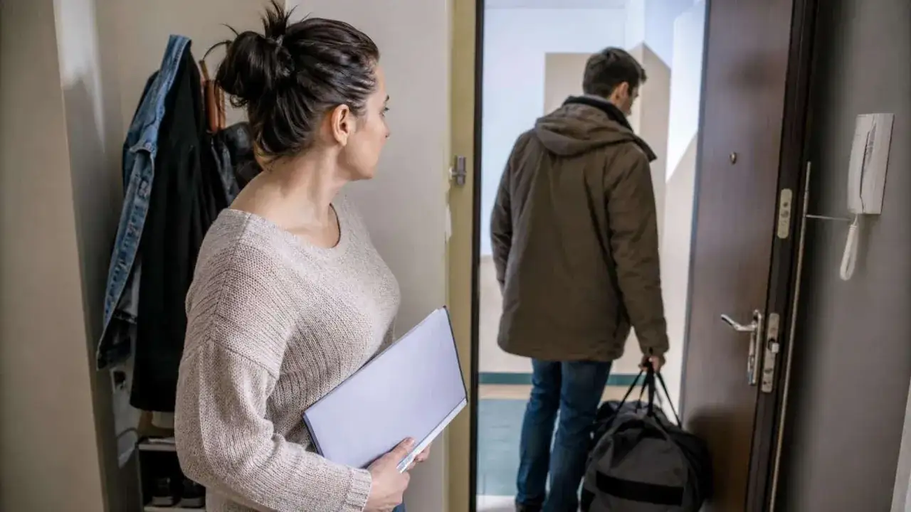 Kobieta z teczką patrzy na odchodzącego mężczyznę z torbą. Czy to początek rozwiązania problemu, jak pozbyć się z domu niezameldowanego konkubenta?