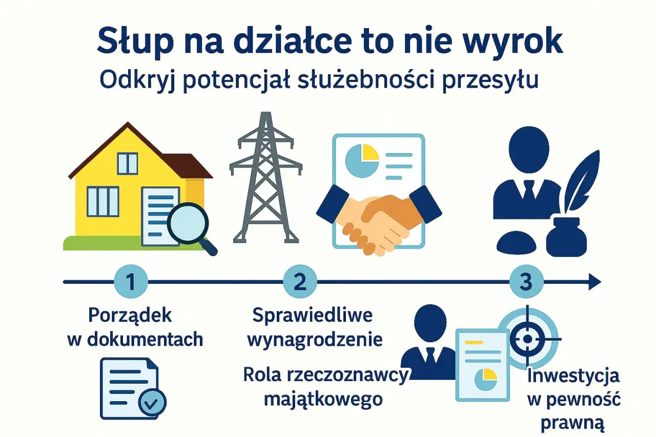 Słup na działce to nie wyrok. Proces: porządek w dokumentach, sprawiedliwe wynagrodzenie (rola rzeczoznawcy majątkowego), inwestycja w pewność prawną. Służebność przesyłu.