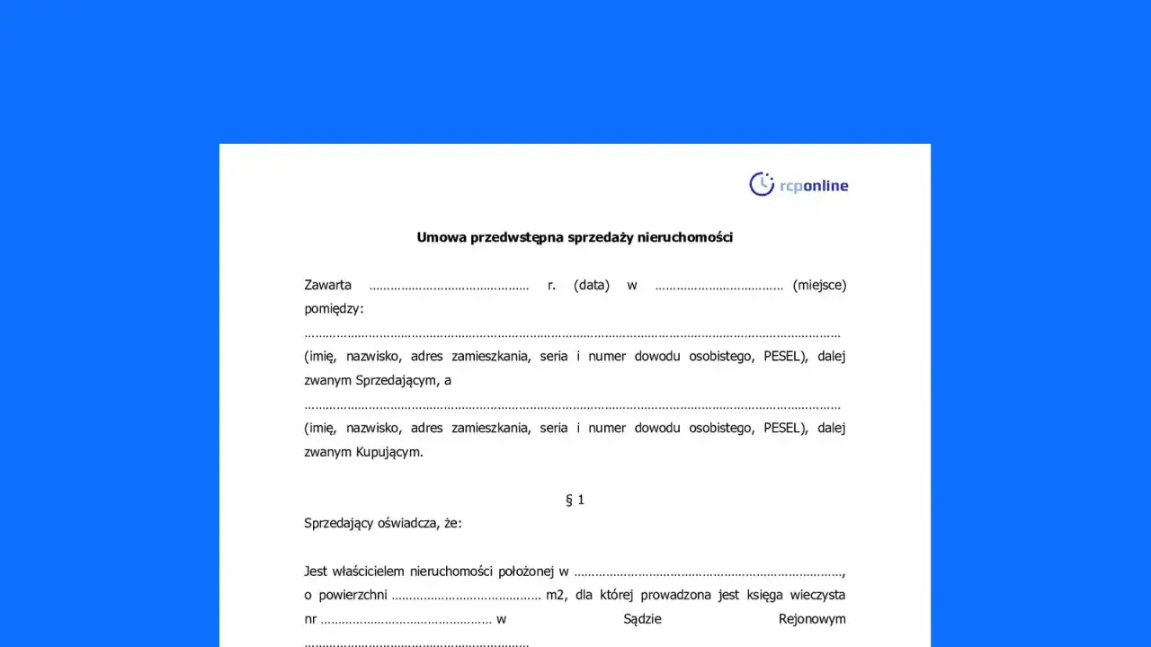 Umowa przedwstępna sprzedaży nieruchomości z zadatkiem. Dokument zawiera dane sprzedającego i kupującego, a także informacje o nieruchomości.