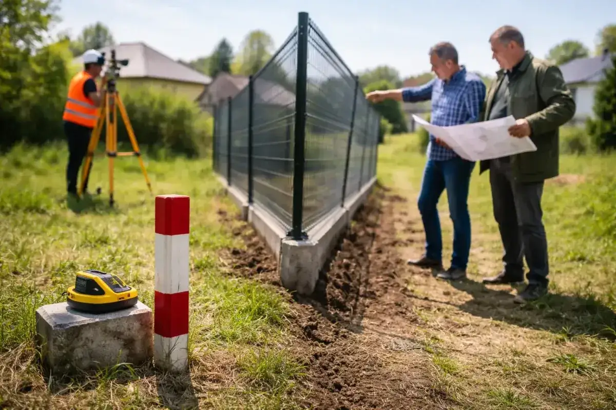 Geodeci ustalają granicę działki, gdzie płot sąsiada na mojej działce zasiedzenie budzi wątpliwości.