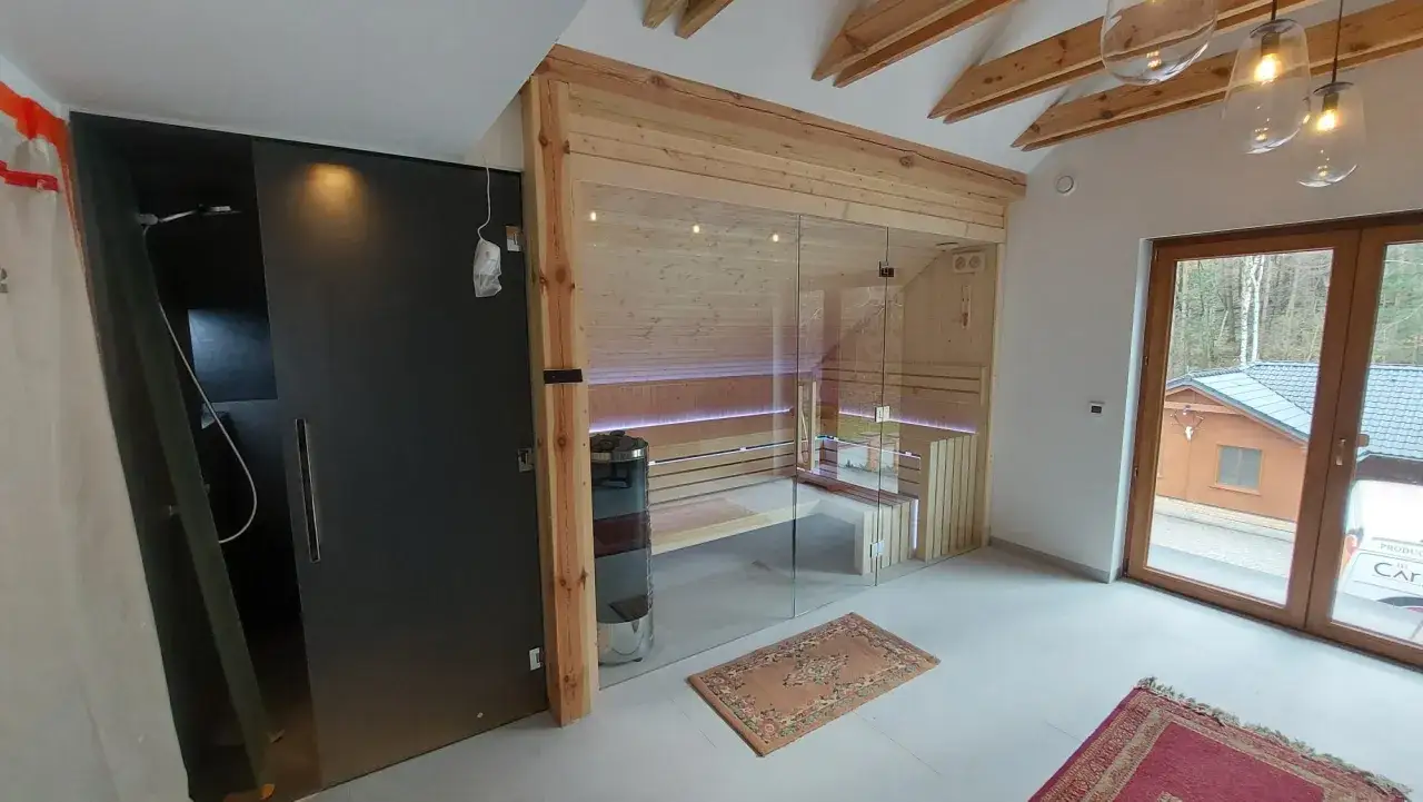 Nowoczesna sauna w domu z przeszklonymi drzwiami i prysznicem obok.