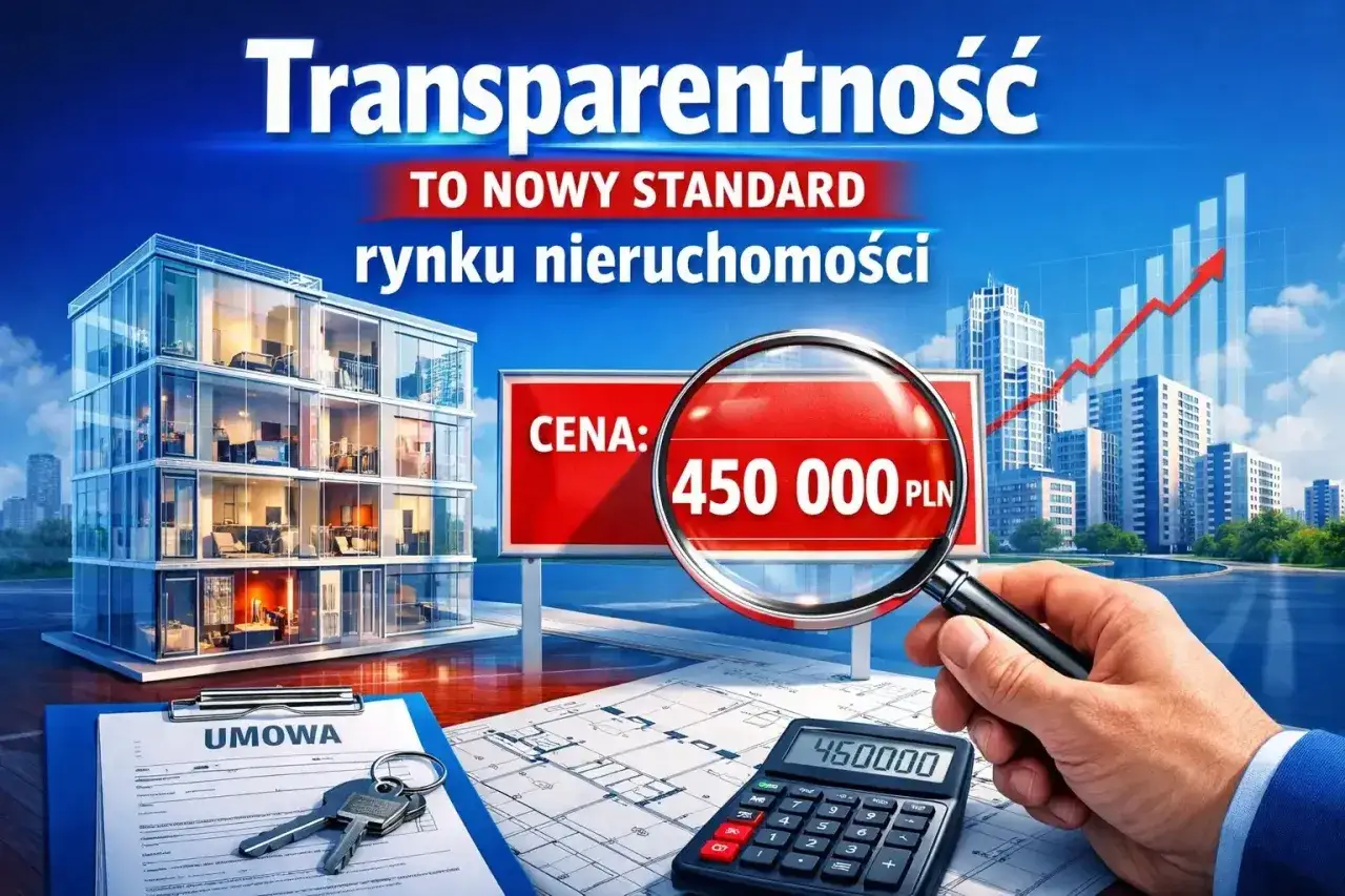 Transparentność to nowy standard rynku nieruchomości. Dlaczego deweloperzy nie podają cen? Na zdjęciu nowoczesny budynek, lupa, klucze i kalkulator.