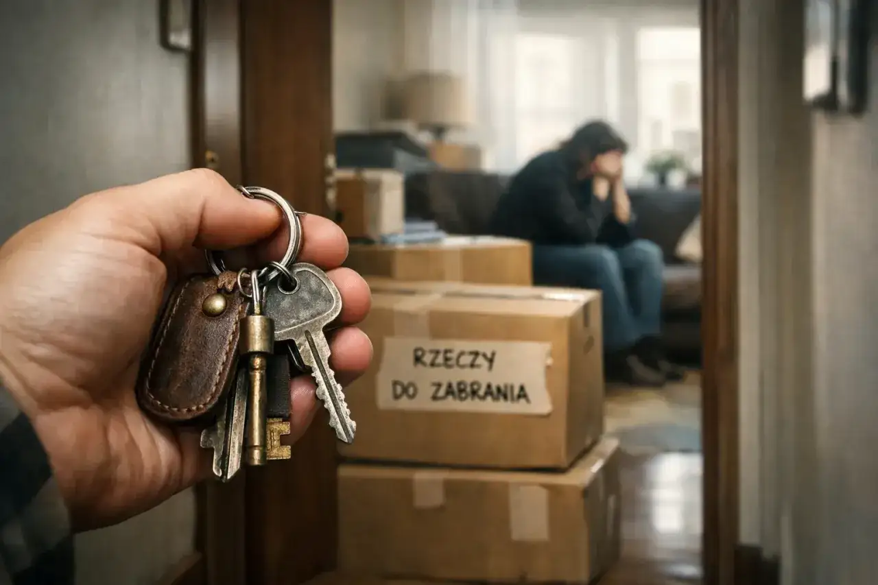 Klucze w dłoni symbolizują koniec pewnego etapu. Za nimi kartony i smutna postać, świadczące o trudnej eksmisji z domu rodzinnego.