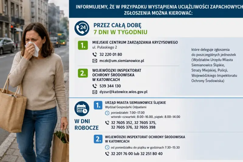 Kobieta zatyka nos chusteczką. Informacja, gdzie zgłosić smród od sąsiada: Miejski Ośrodek Zarządzania Kryzysowego, Wojewódzki Inspektorat Ochrony Środowiska.