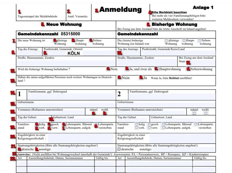 Formular zur Anmeldung einer Wohnung. Wichtige Felder: neue Wohnung, bisherige Wohnung, Familienname, Geburtsname, Vornamen. Kogo można zameldować w mieszkaniu komunalnym?